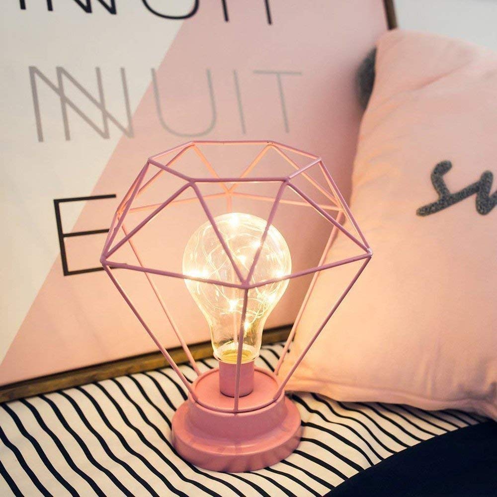Lampade di Tavolo Metallo Lampadina del Diamante,EONANT Lampada da Comodino Nordic Lampada da Comodino Ferro Luce di Notte a Batteria per Camera da Letto,Bar,Hotel(Rose Gold