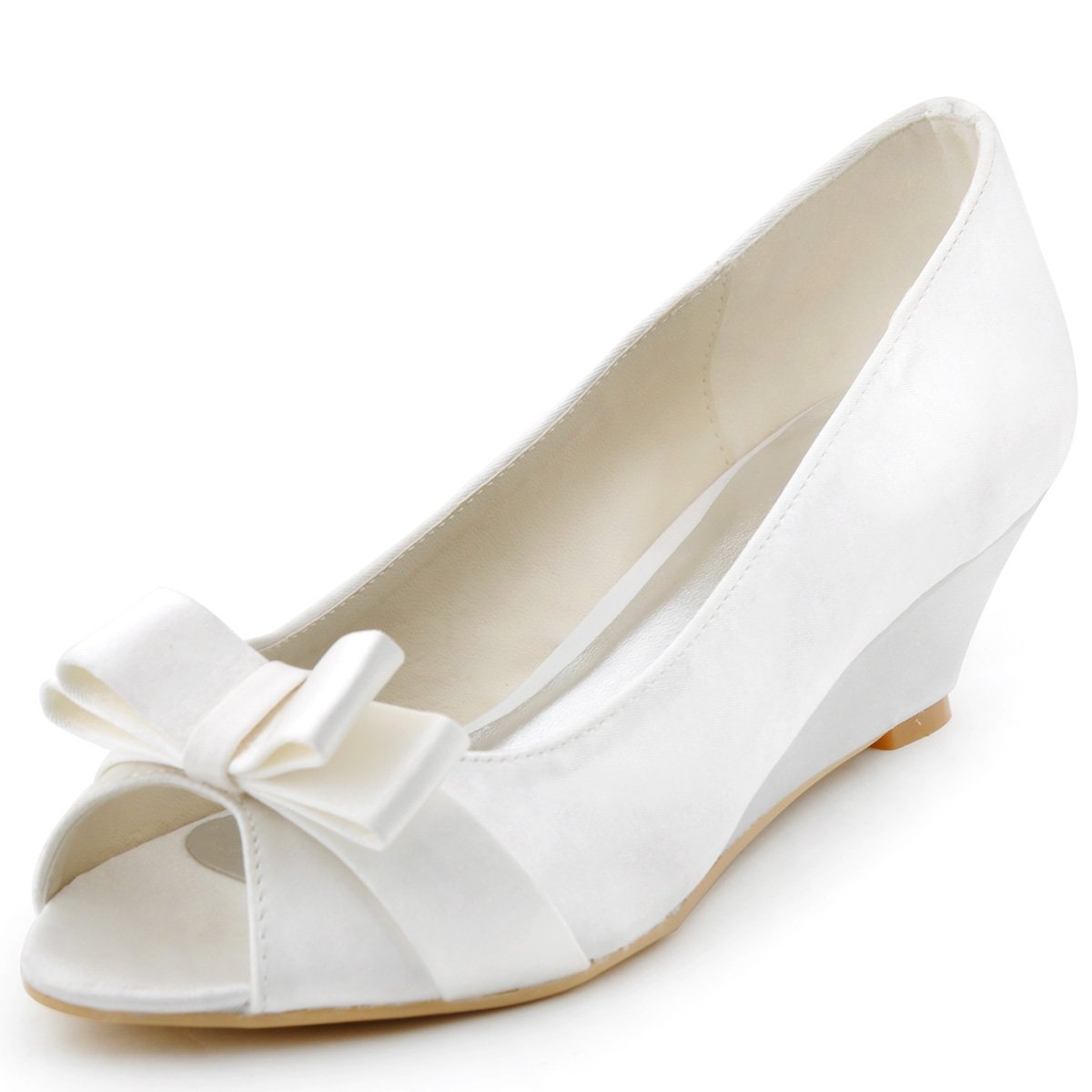 ELEGANTPARK Women Peep Toe Pumps Bows Mid Heel Wedges Satin Wedding Bridal Shoes