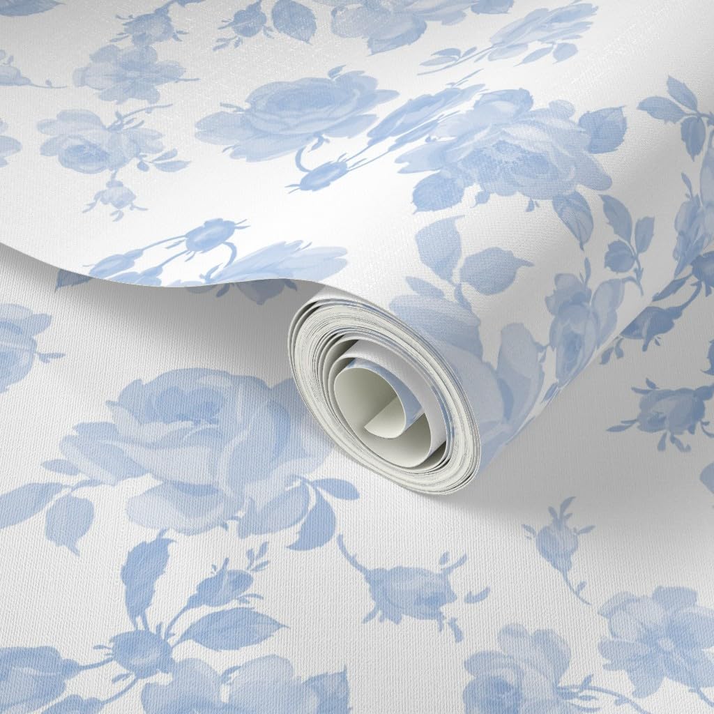 Spoonflower Peel & Stick Wallpaper 3ft x 2ft - Blue Roses Faded Shabby Chic Roses White Floral Cottagecore Vintage Chintz Custom Removable Wallpaper