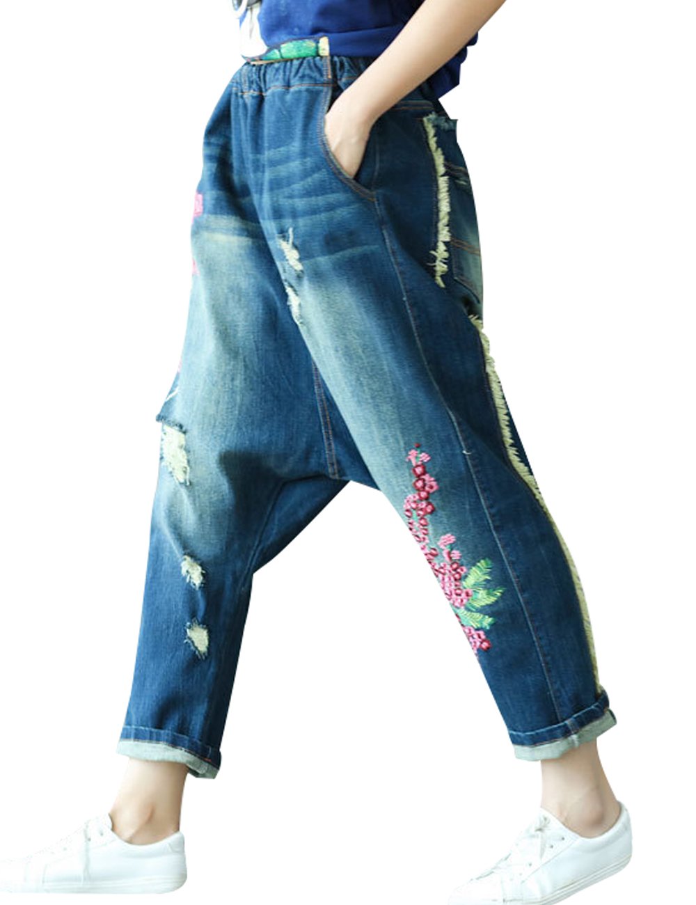 Youlee Femmes Taille Elastique Brodé Drop Crotch Pantalons Jeans Sarouel