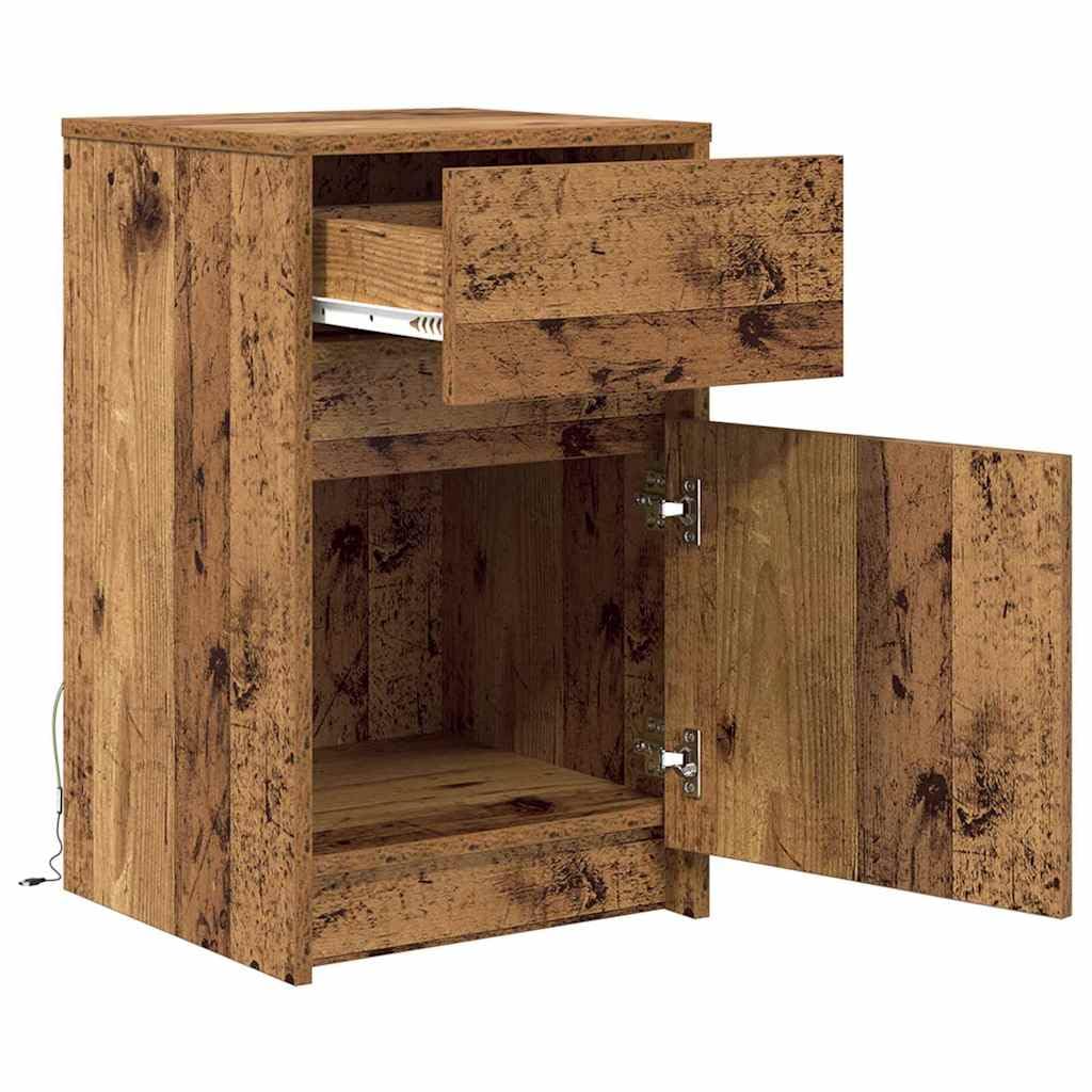 LED Nachttisch Altholz Holzwerkstoff 38 x 34 x 61 cm mit Schublade, USB LED-Lichterketten, moderner Nachtschrank für Schlafzimmer, Wohnzimmer, Kinderzimmer