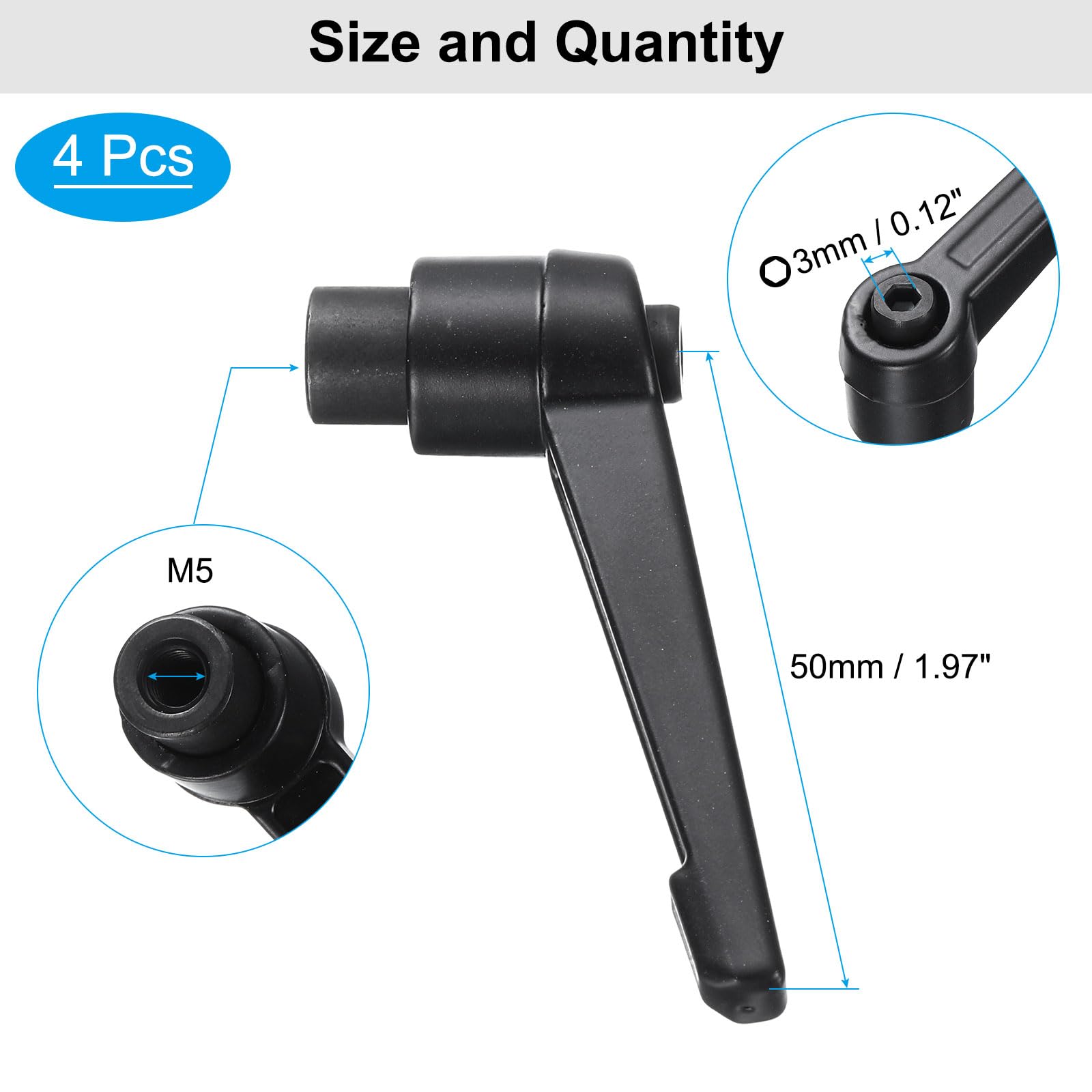 uxcell 4pcs Clamping Lever Adjustable Handles M5 Metric Female Thread Level Handle Hand Knobs Quick Release Black for Lathe Machinery