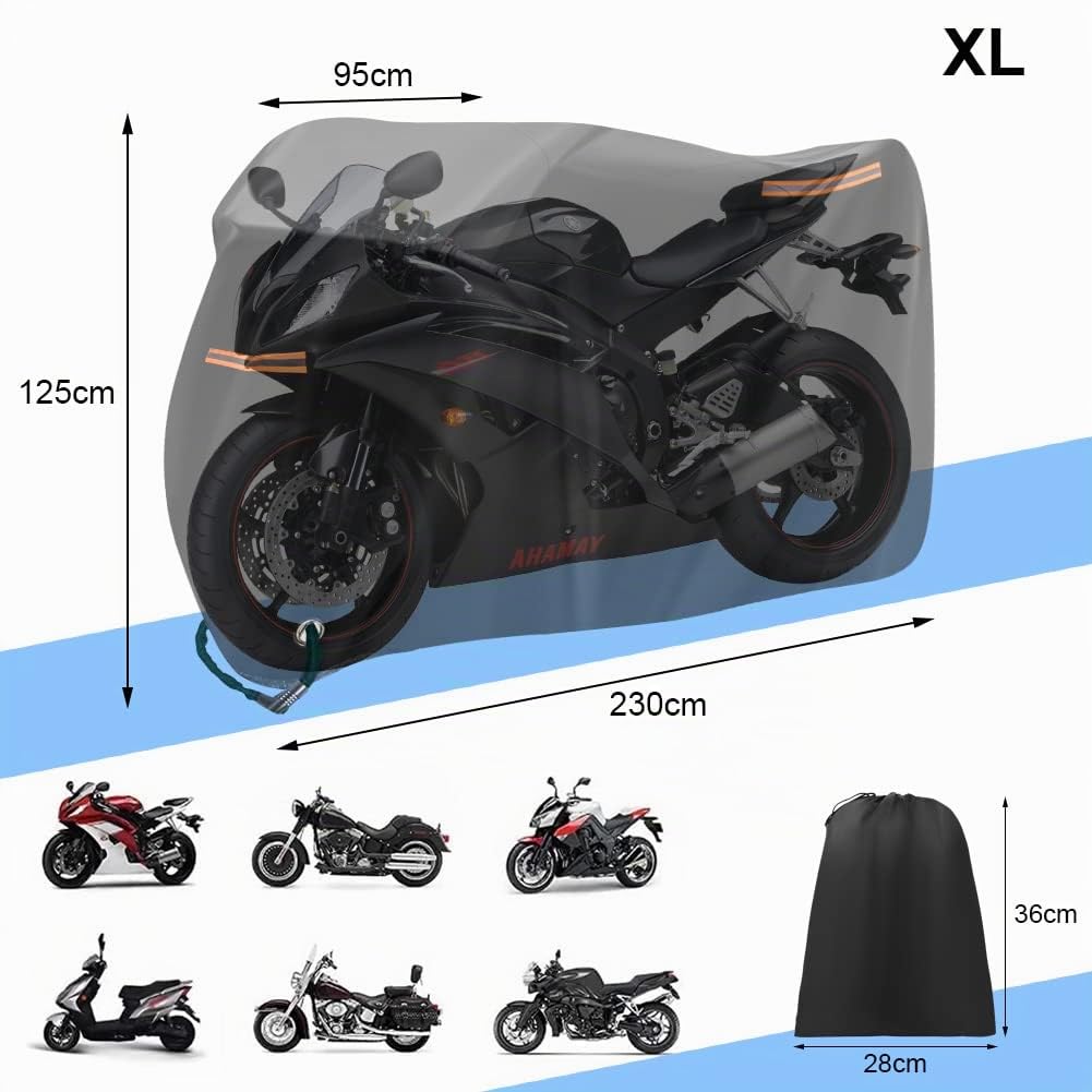 URAQT Funda para Moto, 210T Impermeable Cubierta de Motocicleta, Cubierta de Motocicleta XL Oxford Anti Polvo Protección UV con Orificio para Candado Hebilla a Prueba de Viento 230 x 95 x 125 cm