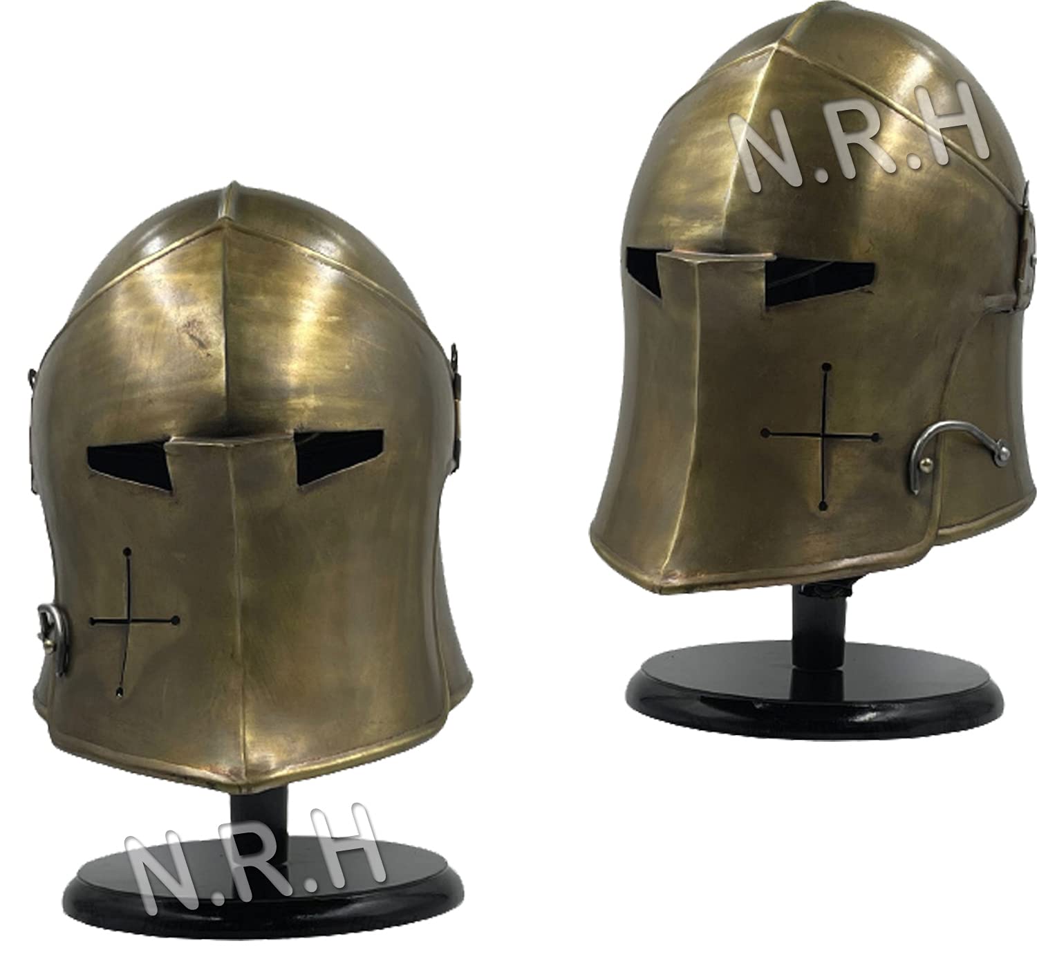 Medievale Ottone Antico Barbuta Casco Cavaliere Templare Crociato Armatura W/supporto in legno Costume Halloween