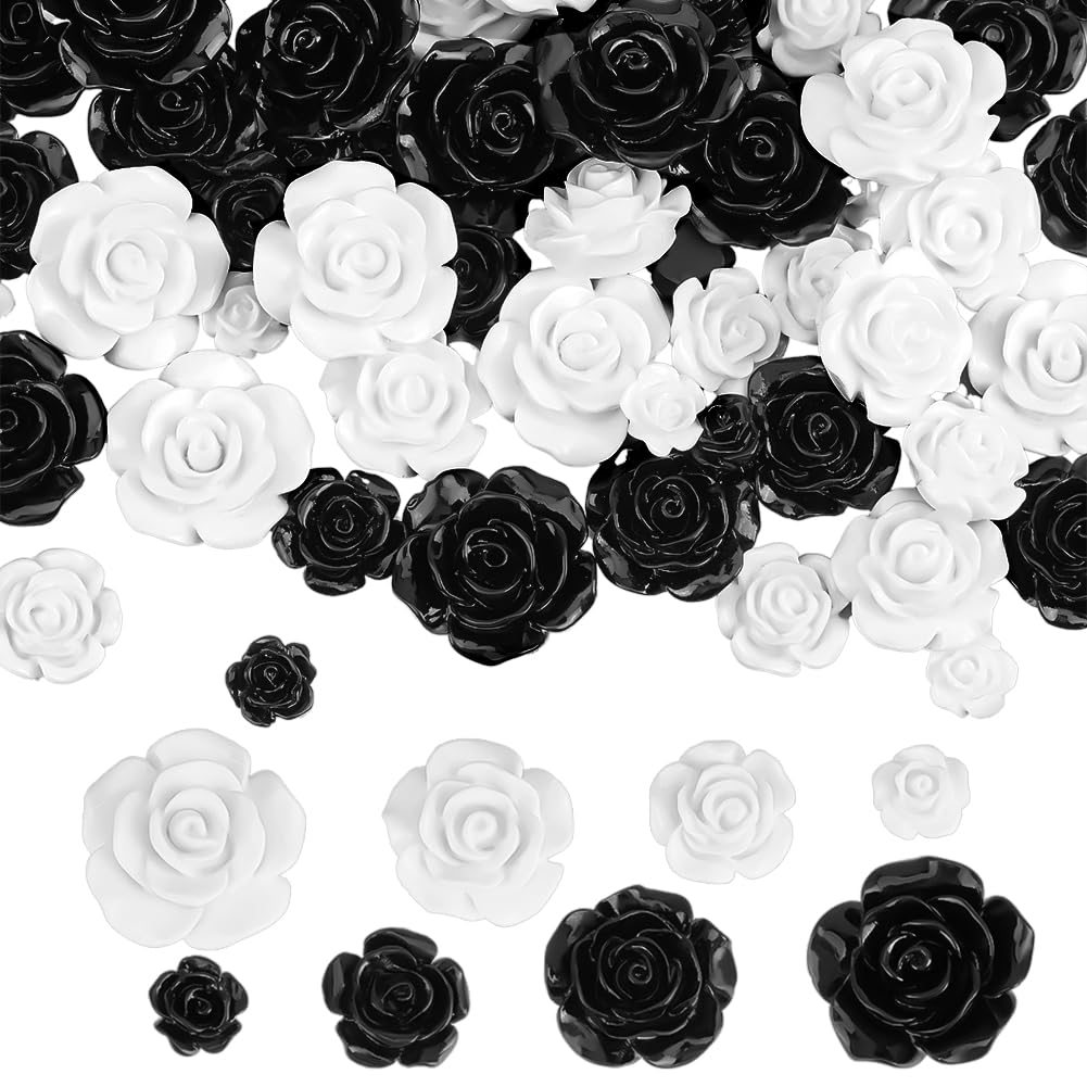 PH PandaHall 80pcs 4 Sizes Resin Rose Cabochons Flower Cabochons White Floral Flatback Cabochons Black Undrilled Resin Rose Bead Charms for Jewelry Making Hair Clip Crafts 22/18/14.5/9.5mm
