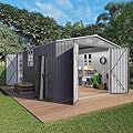 Vigo huseeo 10x14x6.7FT Outdoor Storage Shed, Galvanized Steel Garden Shed with Lockable Door & Window, Waterproof Metal Tool Storage for Garden, Backyard, Patio, Lawn(Grey)