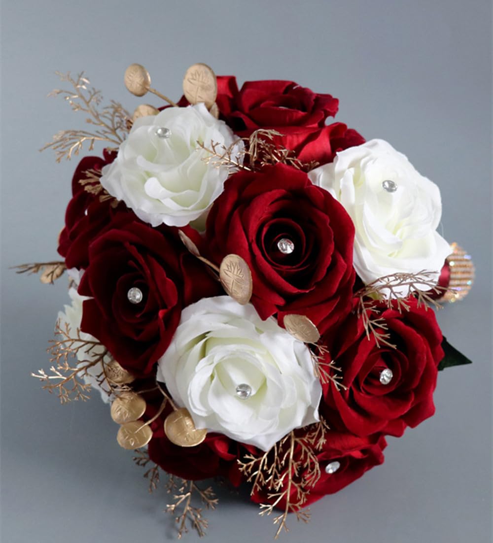 Hochzeit Braut Blumenstrauß,Künstliche Hand Blumen Rosen Brautstrauß Brautjungfer für Zeremonie Jahrestag Partei Braut Dusche Dekoration Hochzeit Sträuße (Burgunderrot Weiß)