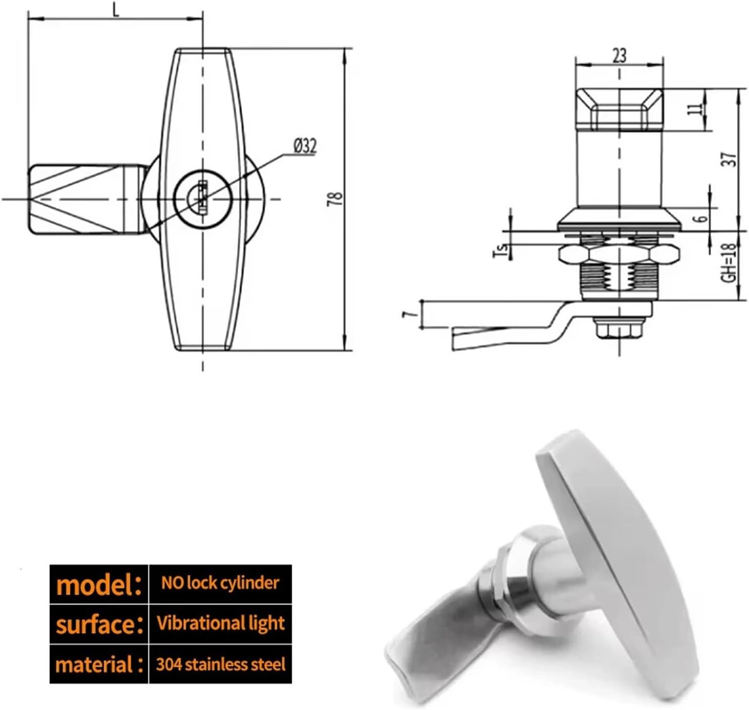 MS101-1-2 Handle Lock T-Type Rotary Tongue Lock 304 Stainless Steel Distribution Box Door Lock Control Cabinet 1Pcs(No Lock Cylinder)
