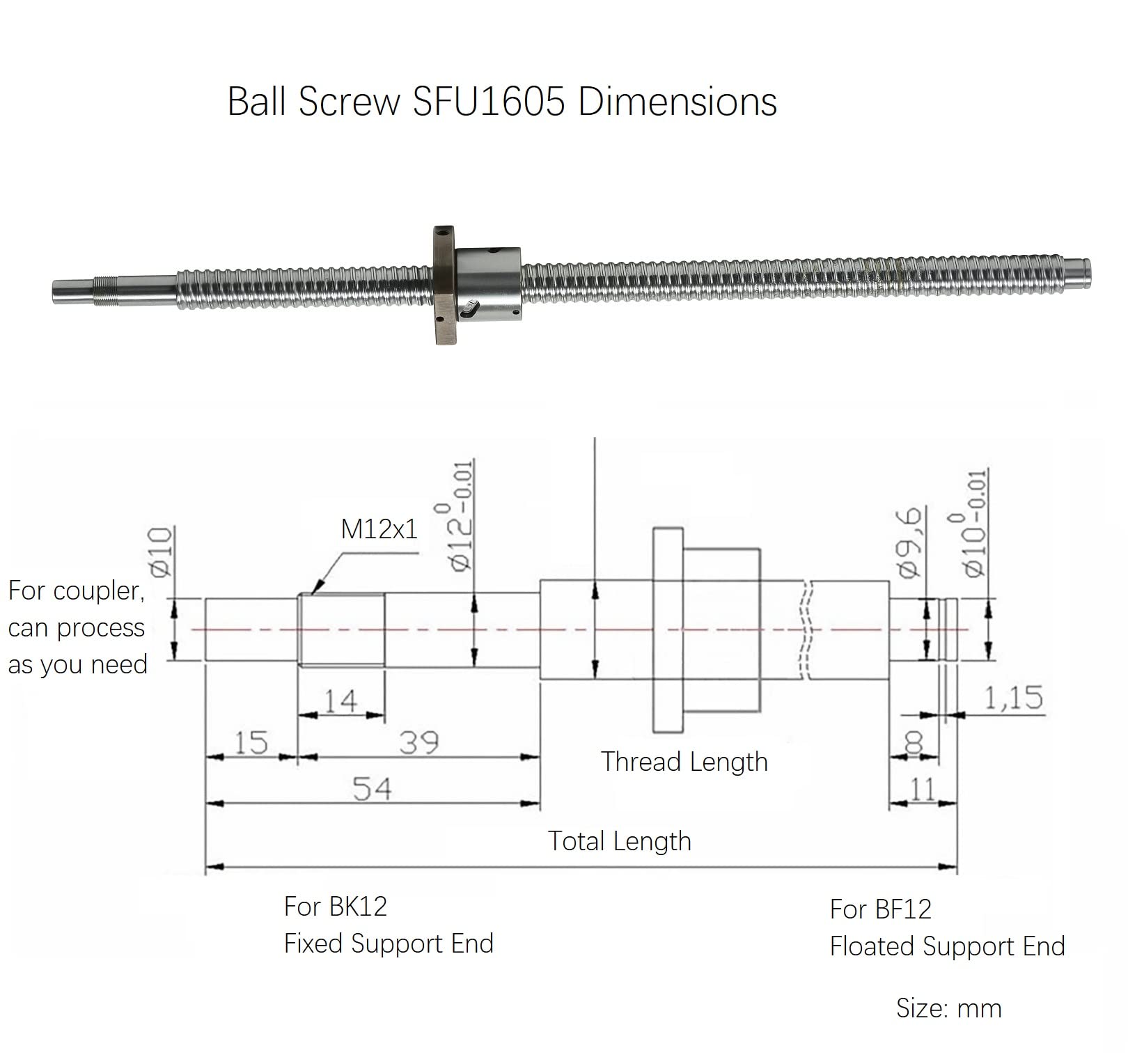 1605 Linear Motion CNC Ball Screw with Anti Backlash Nut, Coavoo SFU1605 1500mm / 59.06 inch 16mm Ballscrew + BK12 BF12 Bearing End Support + Coupler