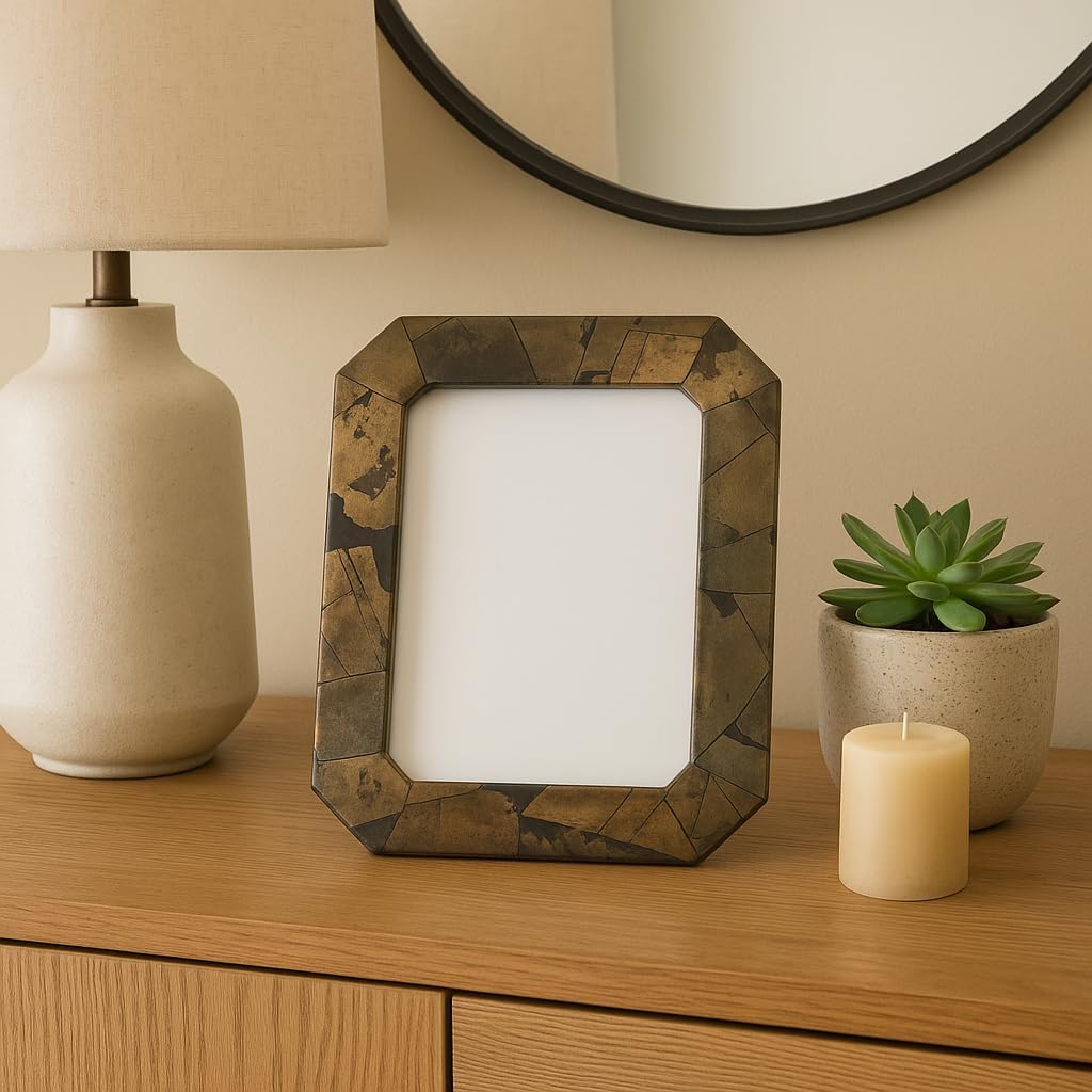 Decorative Rectangle Stone Picture Frame - Modern Boho Photo Frame for Tabletop, Entryway Styling, or Bedroom Decor - Elegant Home Decor Accents for Living Room and Office Space - 9.5", Brown & Gold