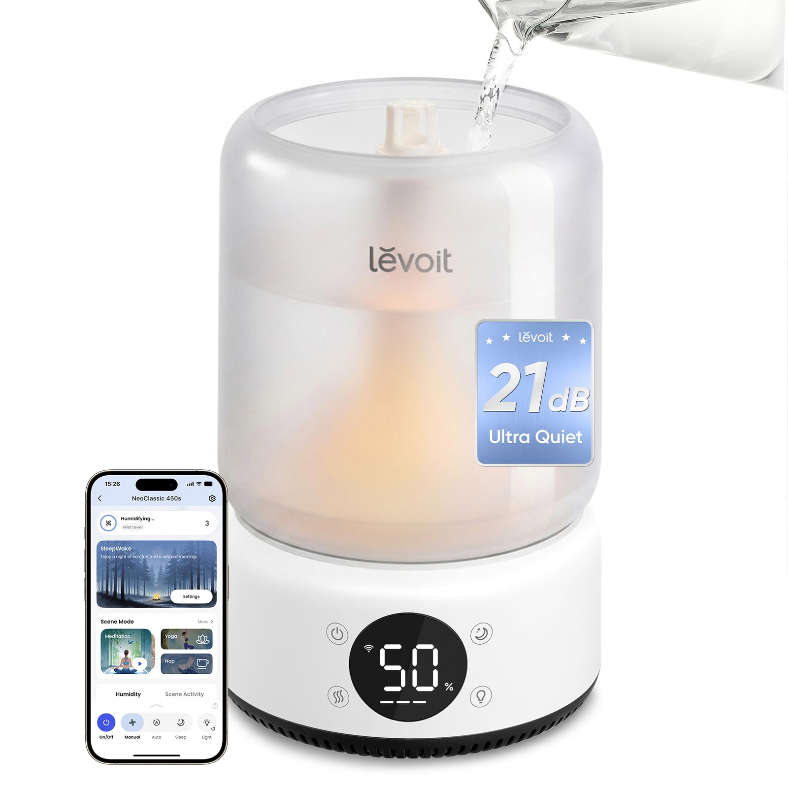Levoit Smart Humidifier for Bedroom, 4.2L Top Fill, 21dB Ultra Quiet