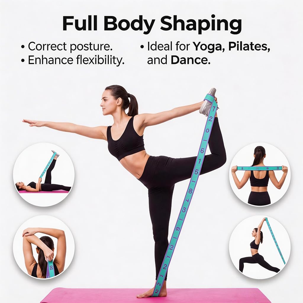Sangle Yoga 8 Boucles 90cm, Bande Elastique Musculation et Stretching, Elastique Sport Fitness pour Pilates, Gymnastique, Danse, Resistance Band Ultra-Élastique, Ceinture D'étirement Vert Paon