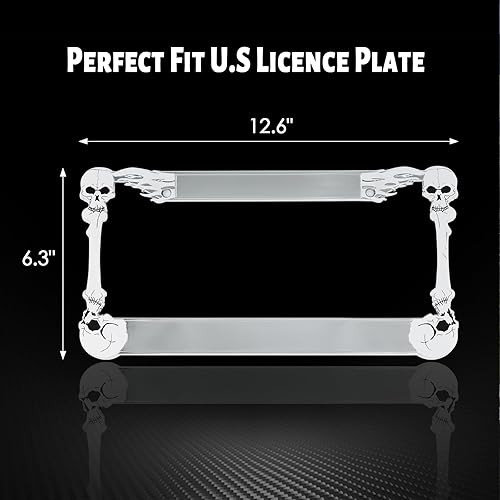 Miniatura 3 de Marco de matrícula de calavera cromada con 2 agujeros, soporte de placa de esqueleto pulido de metal resistente, decoración de Halloween, 1 paquete