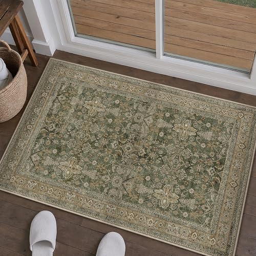 PureCozy Beige Entryway Rug 2x3 Vintage Area Carpet Indoor Kitchen Washable Door Mat Living Room Entrance Small Low Pile Traditional Distressed Retro Accent Throw Rug Non Slip Office Bathroo