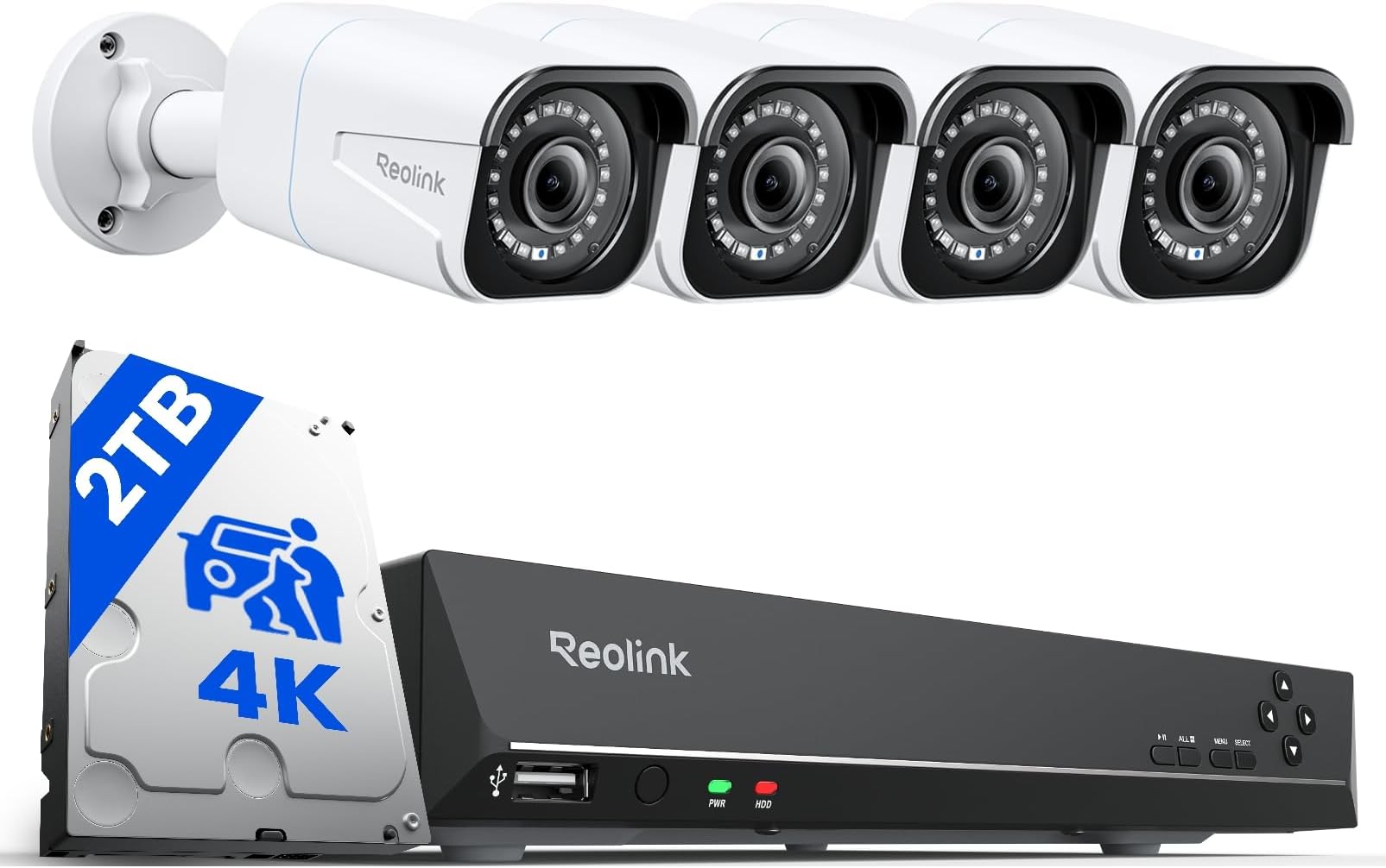 Reolink 4K PoE Security CCTV Camera System H.265, 4pcs 8MP IP Cameras with Person/Vehicle Detection and 8CH NVR with 2TB HDD for 24/7 Recording Night Vision Audio, RLK8-800B4