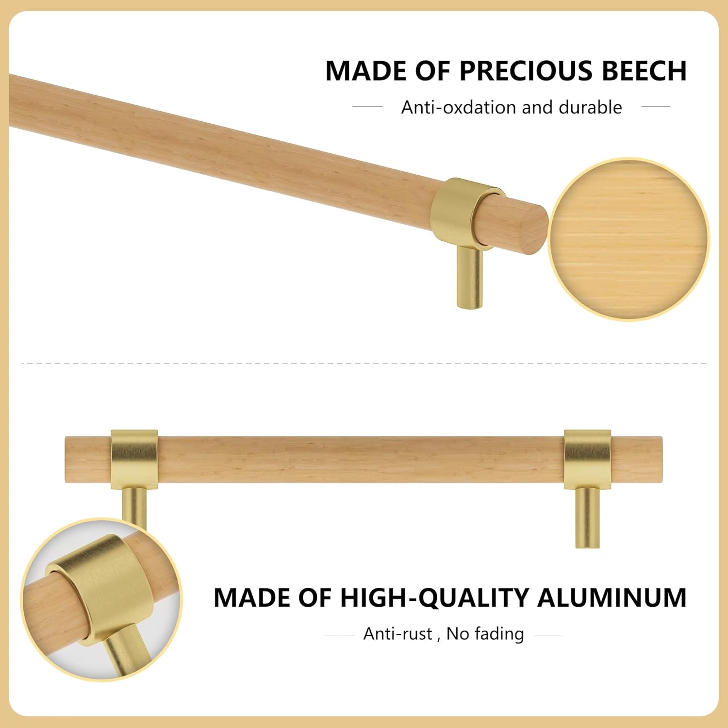 Wooden Drawer Pulls,6-Pack Beech Wood Drawer Handles 6.3in,Suitable for Kitchen, Living Room, Bedroom, Bathroom and Other Scenes,Gold