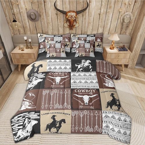 Erosebridal Country Western Bedding Sets Tribe Geometry Aztec Comforter Set 7 Piece Bed in a Bag Twin,Cowboy Horse Sheet Set with Comforter,Gothic Bull Skull Cowgirl Southwestern Decor,Black Brown