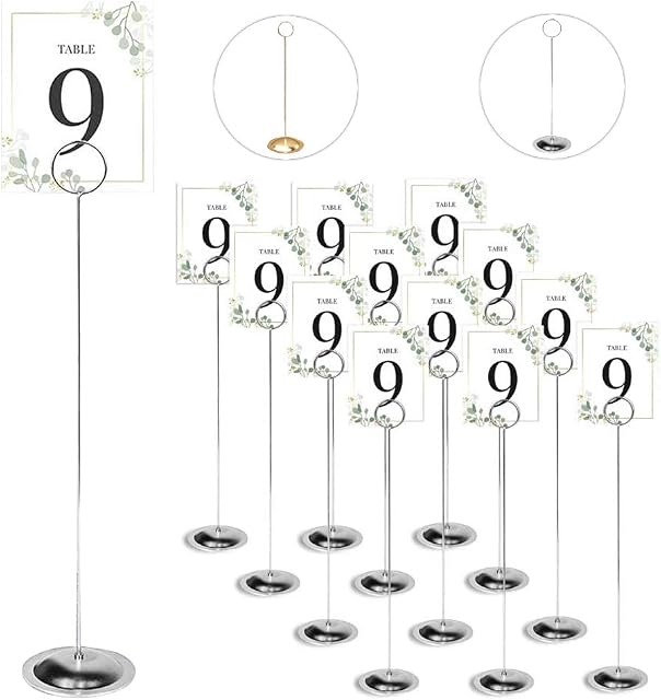 HOHIYA 12 Pcs Table Number Holders Stands for Wedding 12 Inch Place Card Holder Clips Photo Party Restaurants Cafes Banquets Stainless Steel Chrome Silver