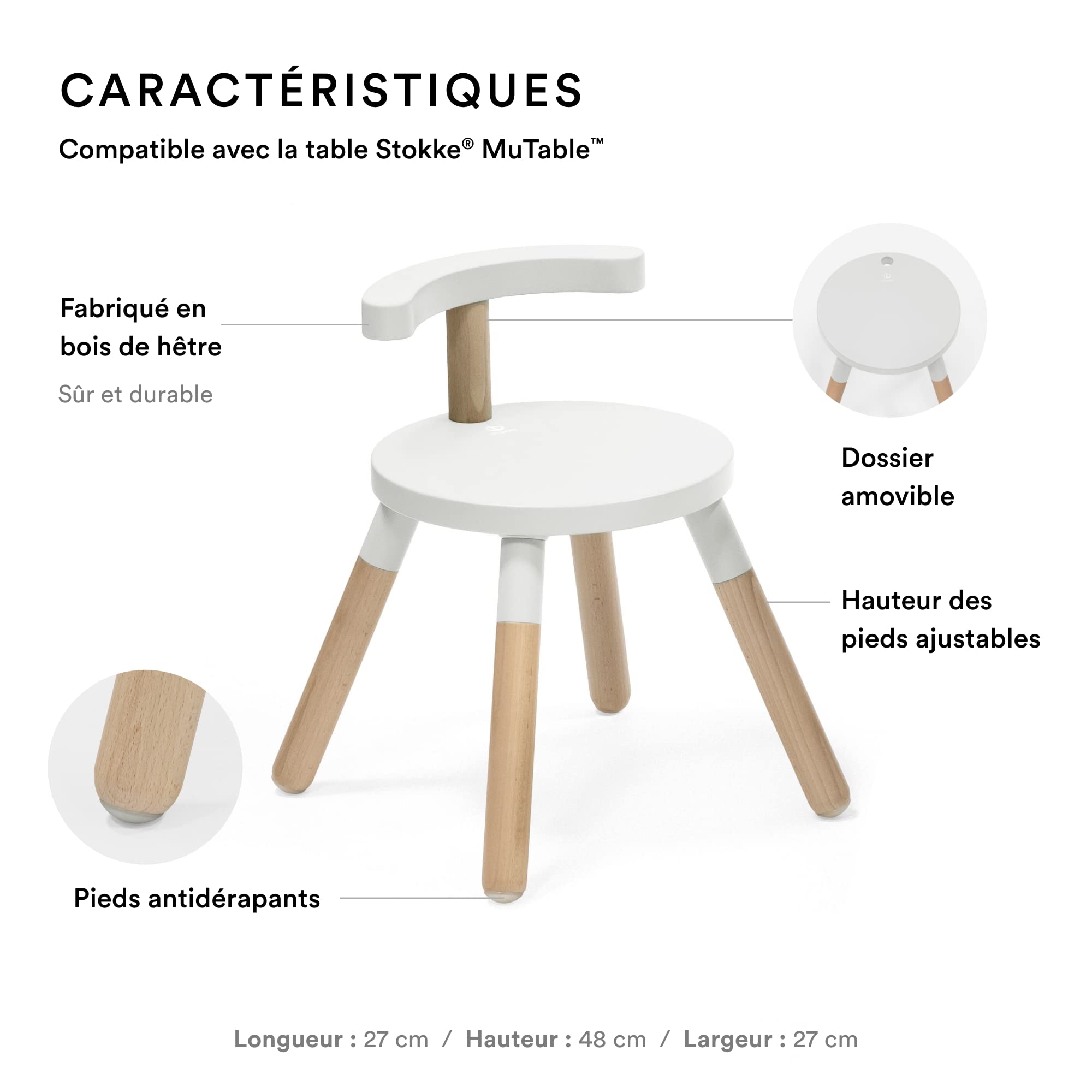Chaise Stokke MuTable, White - Version 2023 - Hauteur d'assise réglable et dossier amovible - Fabriquée en bois de hêtre - Pour les enfants de 1,5 à 8 ans
