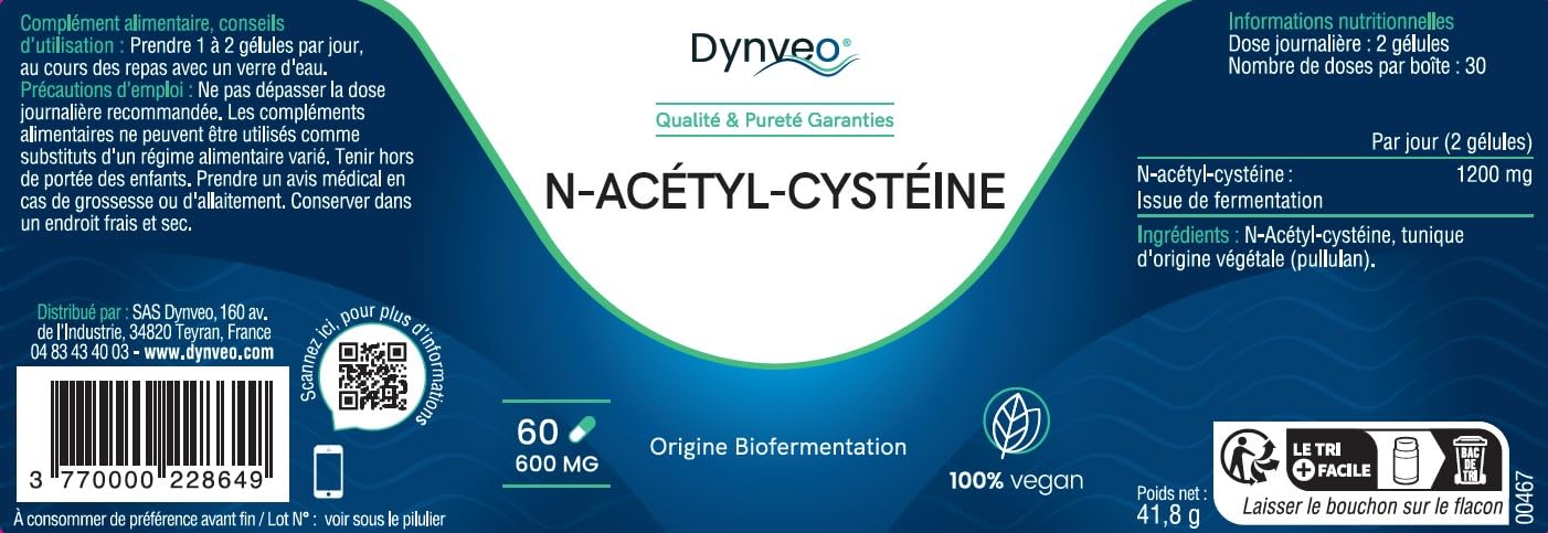 dynveo glutathione NAC N-Acetylcysteine Pure - 600 mg / 60 Capsules - Natural Bio-Fermentation  - Amino Acid precursor of glutathione - Detoxification - No Additives