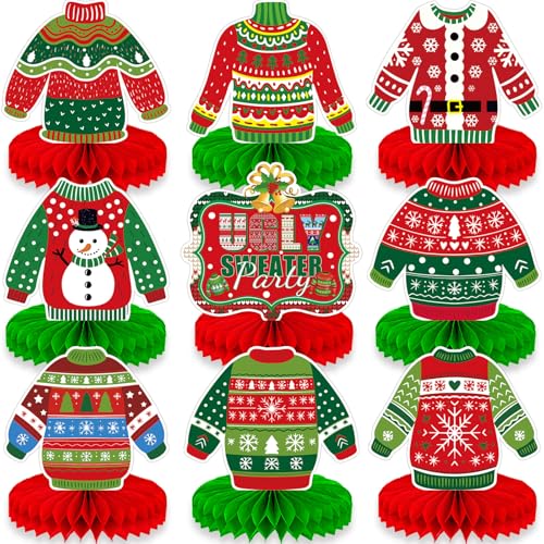 Image of 9 Pieces Ugly Christmas Sweater Honeycomb Centerpieces Table Decor, Holiday Party Table Toppers Ornaments Signs, Fun Xmas Sweater Party Decorations