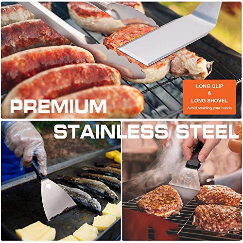 Foto von Huolewa Grillspachtel Set, Edelstahl 9 Pcs Flat-Top-Grillbesteck Set, Profi BBQ Zubehör Grillwender mit Turner-Bürstenflaschen und Tragetasche, Idee für Grillen im Freien, Teppanyaki und Camping