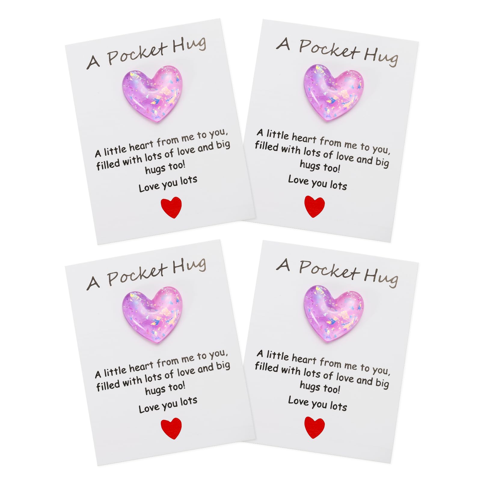 PATIKIL 4 Pack Pocket Hug Heart with Greeting Card, Pocket Hug Token Love Cards Cute A Little Resin Heart Shape Bulk for Friends Long Distance Relationship Gifts, Purple Pink