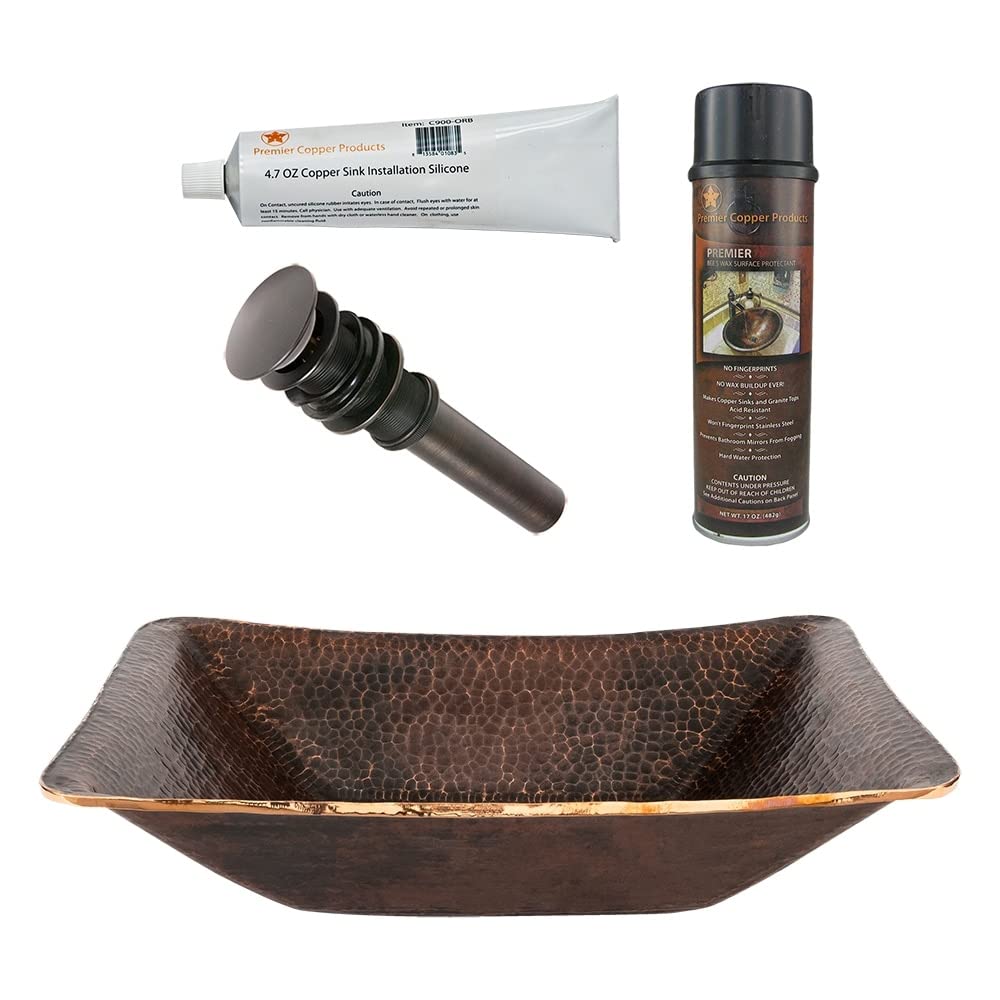 17" Rectangle Hand Forged Old World Copper Vessel Sink Matching Drain and Accessories Brown Oil Rubbed