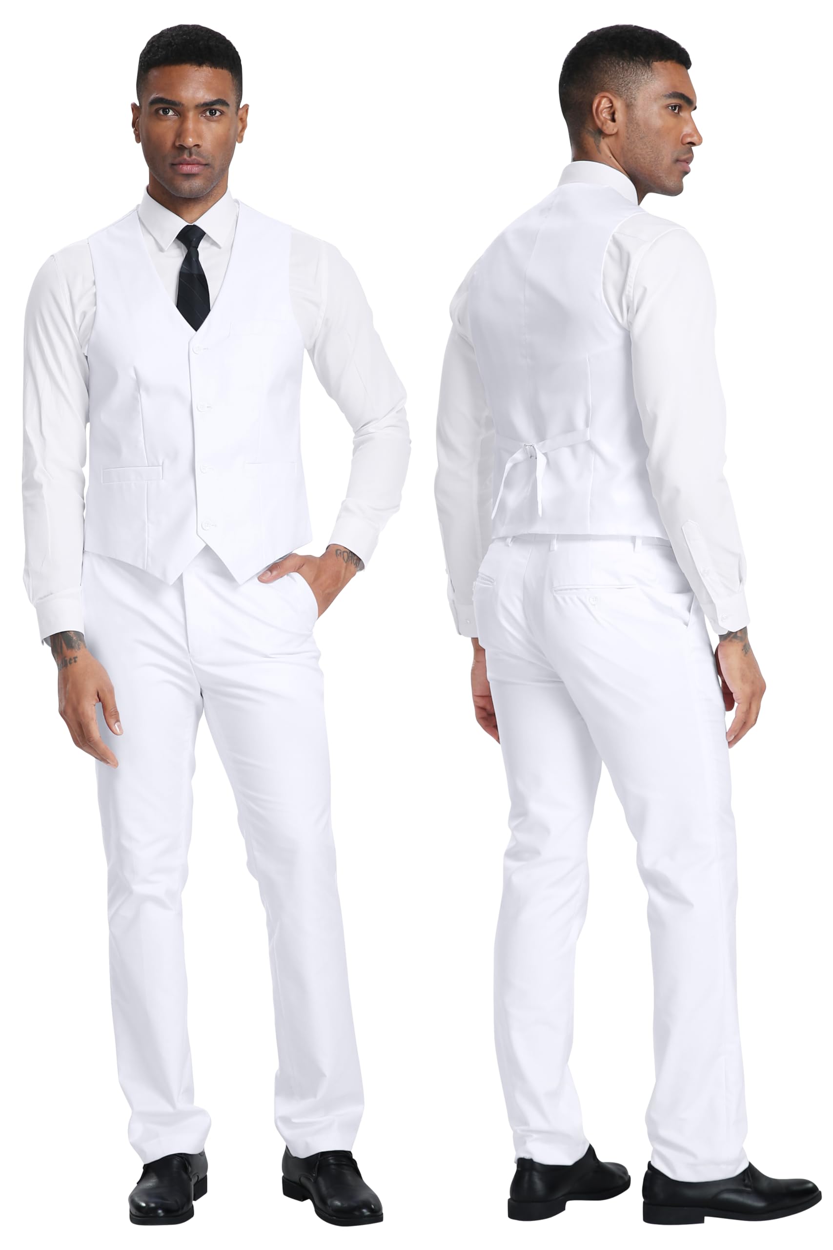 Abito da uomo slim fit, 3 pezzi, con due bottoni, abito da sposa e smoking, giacca e pantaloni con cravatta, bianco, XL