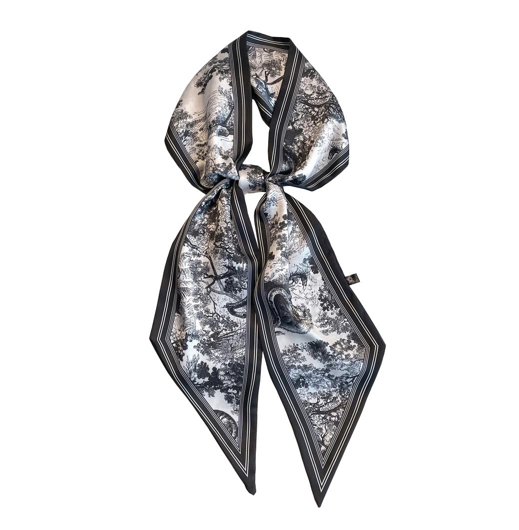 JERLA Mulberry Silk Like Head Scarf Hair band Ribbon Women's Fashion Neck Satin Scarfs for Bag Hair handbag Scarves, 1 Black Forest, 57"X5.5"