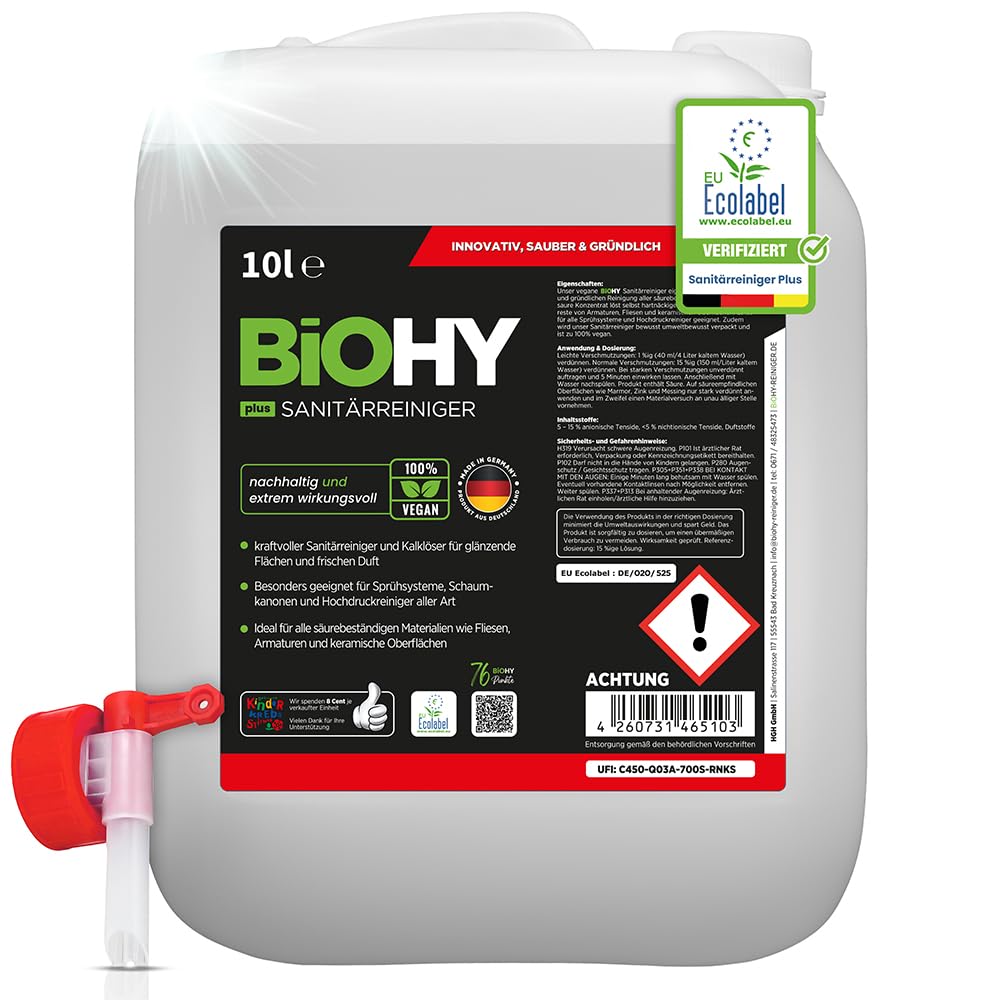 BiOHY Detergente per bagno Plus (Lattina da 10 Litri) + Rubinetto di scarico | Concentrato decalcificante per ambienti sanitari | profumo gradevole e fresco | EXTRA FORTE (Sanitärreiniger Plus)