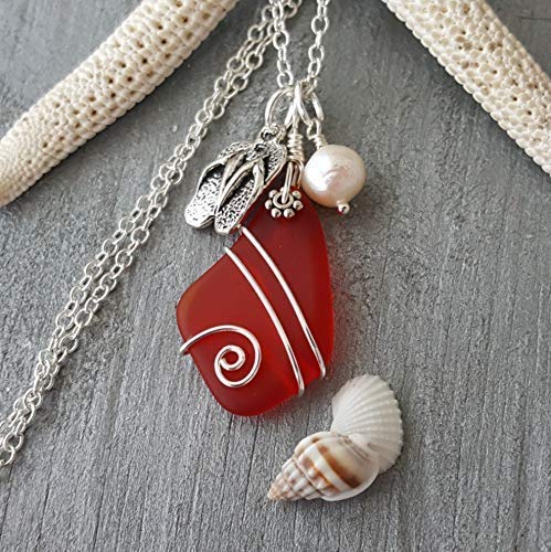 Yinahawaii Handmade Sea Glass Necklace, Hawaiian Jewelry For Women, Wire Ruby Red Necklace, Island-Lifestyel Flip-Flop Pearl Necklace, Sea Glass Jewelry For Her Birthday Gift (July Birthstone Jewelry) #TOP3