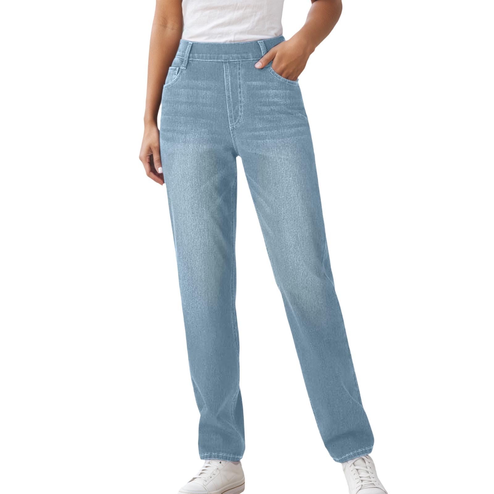 Damen-Jeans mit weitem Bein zum Überziehen, hoch tailliert, dehnbar, Baggy-Jeans mit geradem Bein, Jeanshose