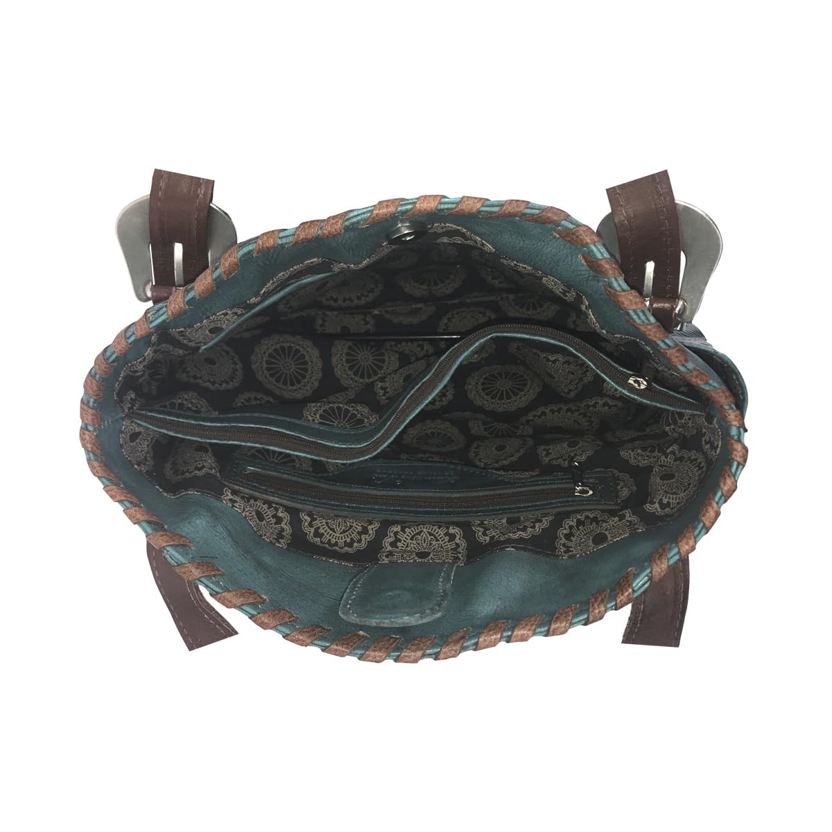 American West Hand Tooled Handcrafted 100% Leather Multi-Compartment Tote | Concealed Carry Pocket on Back | Purse for Women | Conceal Carry: Turquoise