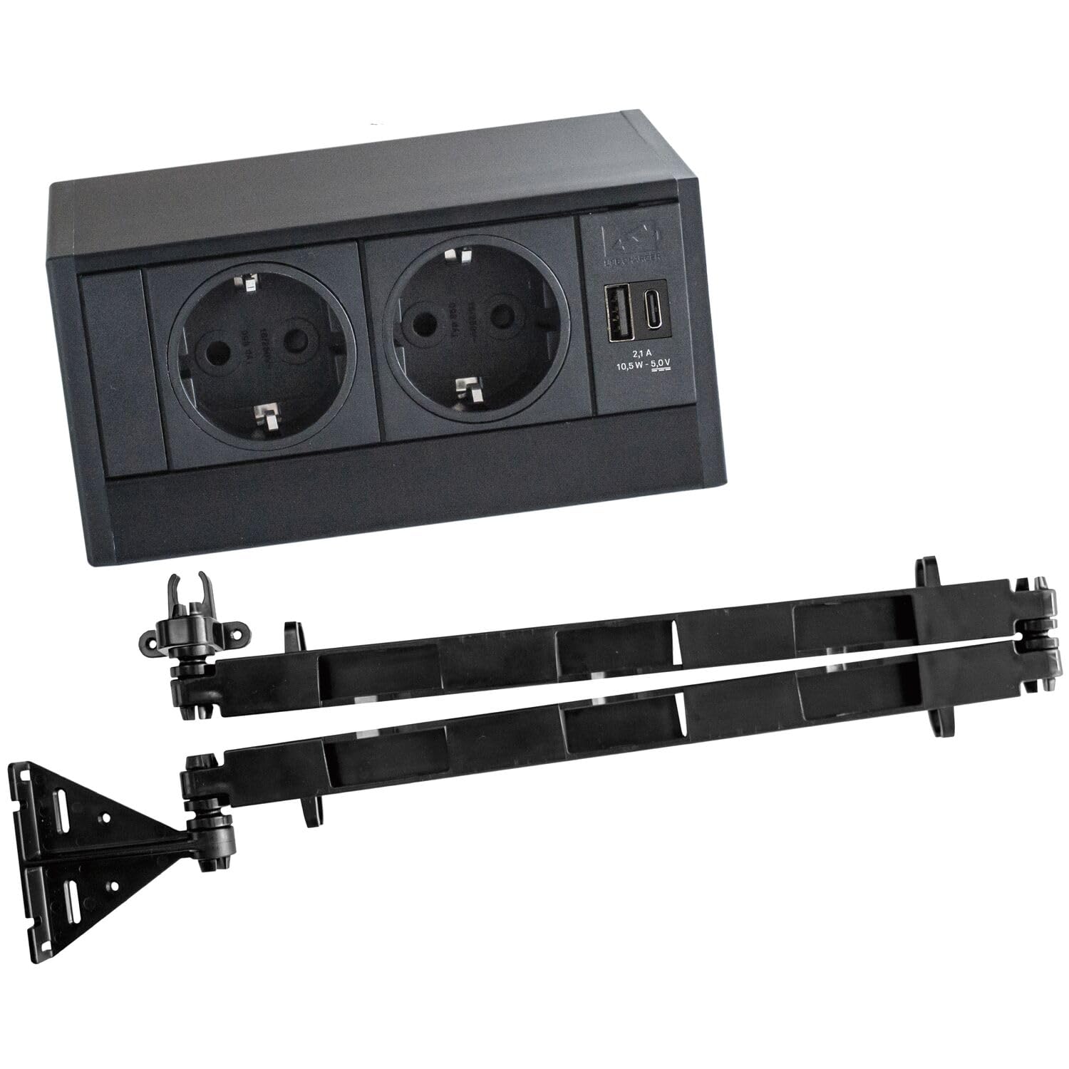Evoline R-Dock - Enchufe para cajón con guía de cable Evoline Wing, 2 enchufes con USB A+C, color negro, 230 V