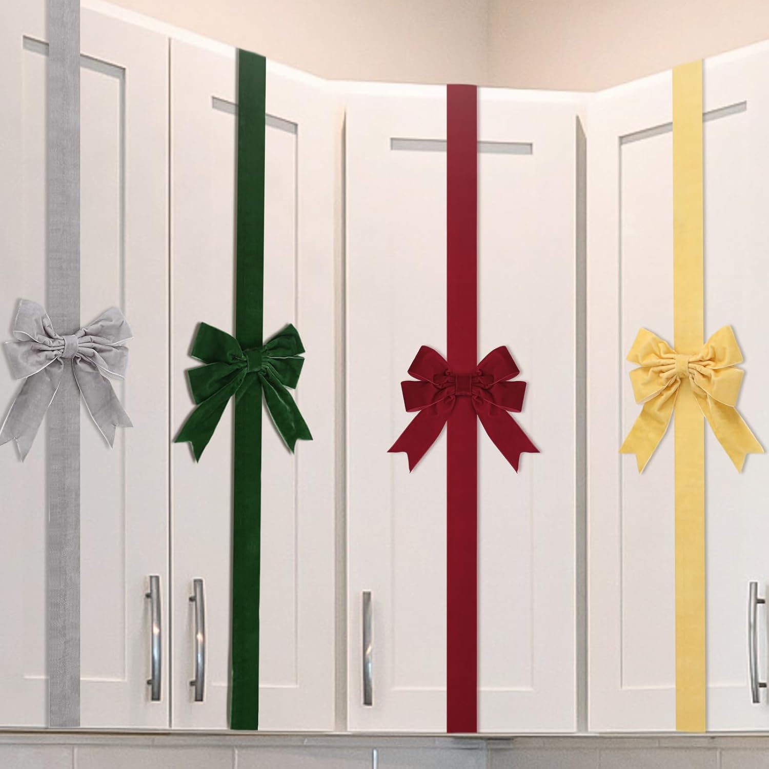 Set of 4 Christmas Velvet Cabinet Ribbon Bows 78 Inch Festive Large Xmas Bow Artificial Front Door Holiday Ribbons for Party Furniture Room Kitchen Decorations(Red,Green,Gold,Silver)