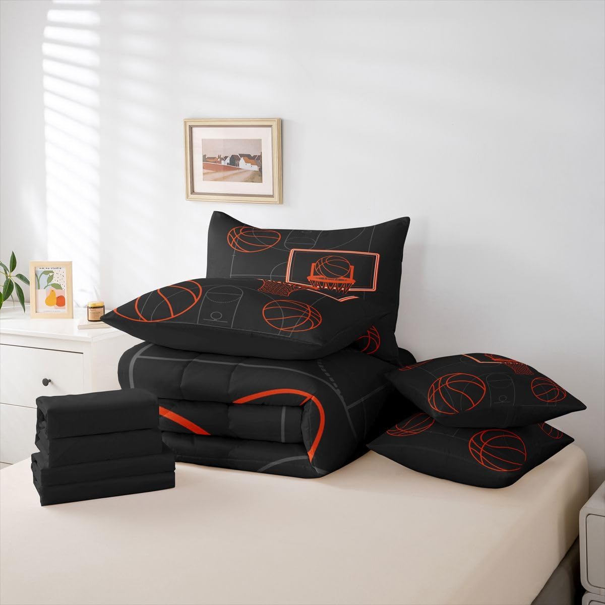 Erosebridal Basketball Games Boys Kids Comforter Set Queen Size 7 Pieces | Gaming Ball Pattern Bed in A Bag Sports Theme Bed Set Black Orange Bedding