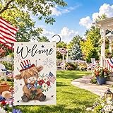 Heyfibro Welcome 4th of July Patriotic Garden Flag 12x18 Double Sided Burlap, Highland Cow with American Flag & Fireworks Yard Banner for Rustic Daisy Independence Day Outdoor Decor