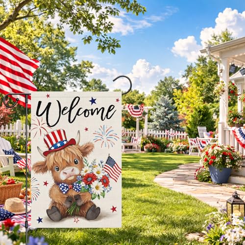Heyfibro Welcome 4th of July Patriotic Garden Flag 12x18 Double Sided Burlap, Highland Cow with American Flag & Fireworks Yard Banner for Rustic Daisy Independence Day Outdoor Decor