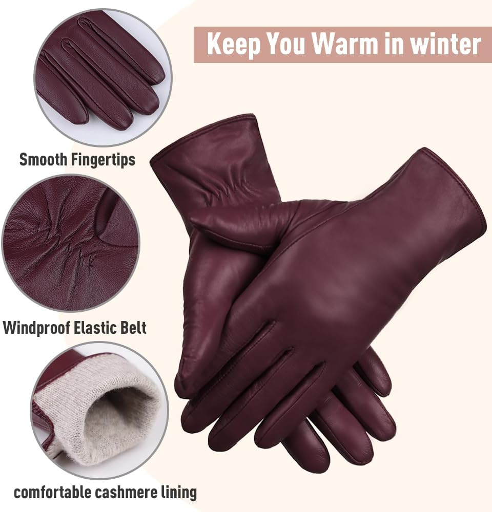 MGGMOKAY Women Leather Gloves Lambskin Touch Screen Winter Warm Gloves Cashmere Lined - Image 3