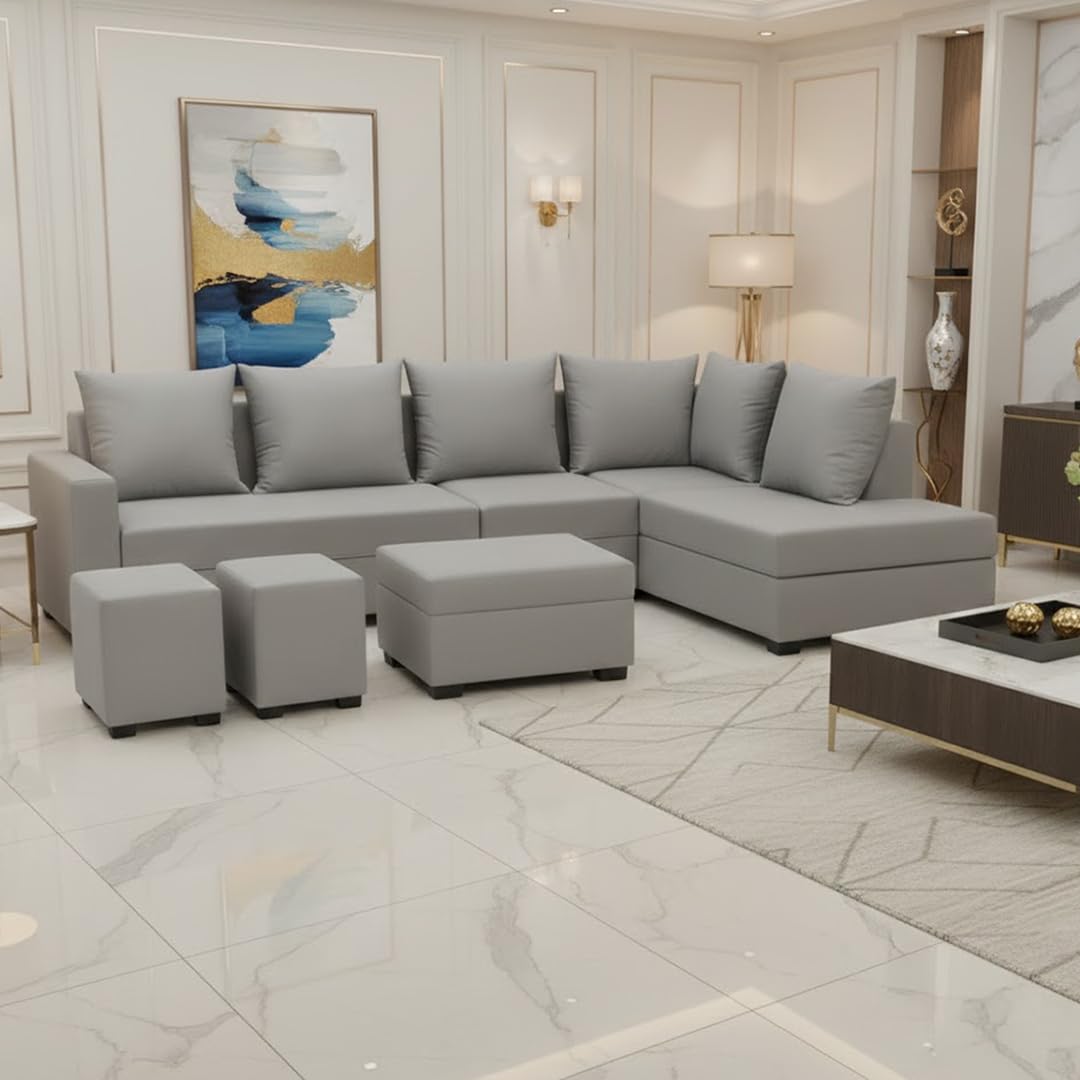 FURNY Gloria 8 Seater Fabric RHS L Shape Sofa Set with 1 Centre Table & 2 Puffy (Light Grey) | Premium Velvet Finish | Ideal of Living Room