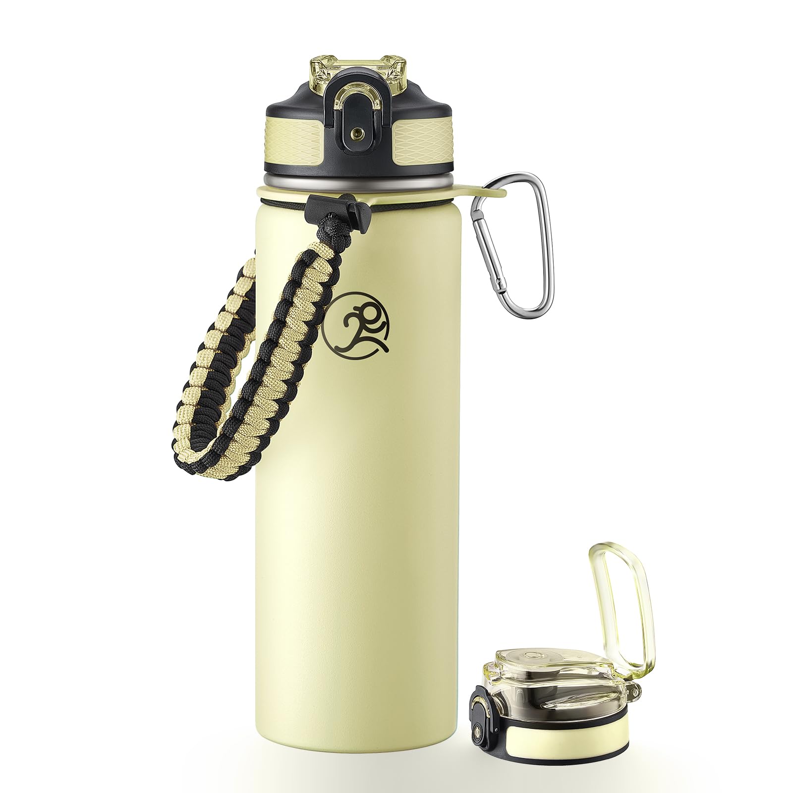 GOSWAG Insulated Sports Water Bottle, 24oz 2 Lids(with Straw/No Straw), Stainless Steel Water Bottles with Paracord Handle, Insulated Bottle with