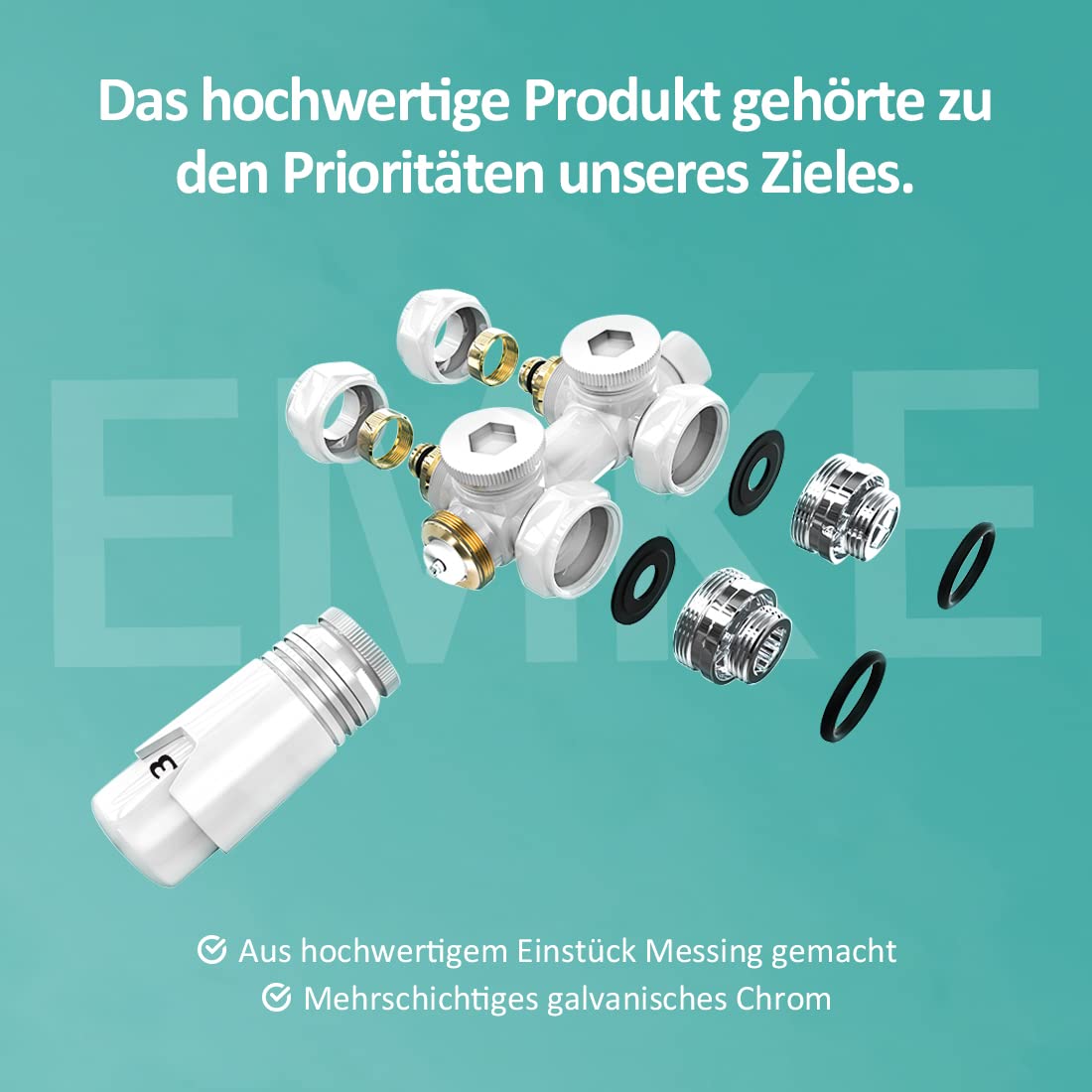 EMKE Hahnblock Multiblock Heizkörper Mittelanschluss, Anschlussarmatur inkl. Thermostatkopf, Ventil-Armaturen Eck und Durchgangsform, Ventilhahnblock für Badheizkörper Weiß G1/2"