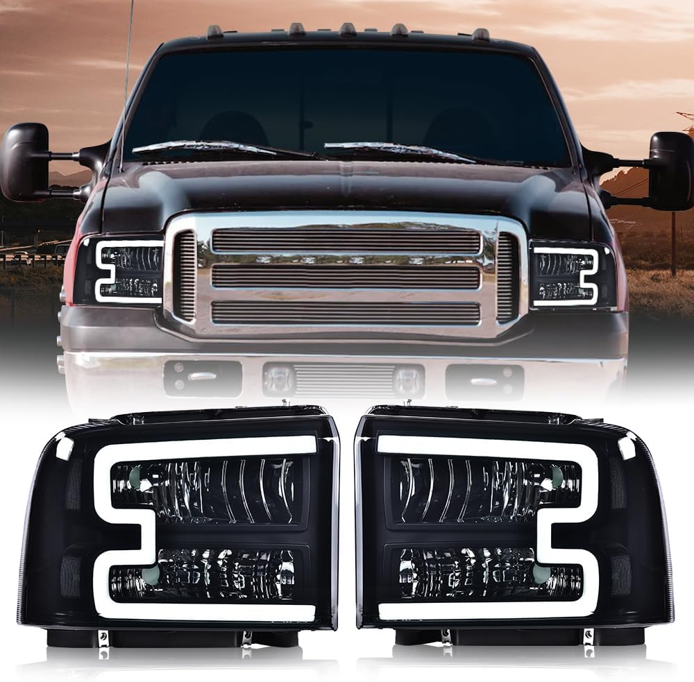 ANDPLAY LED DRL Headlights Assembly Compatible with Ford F250 F350 F450 F550 Super Duty 2005-2007 Fit 2005 Ford Excursion Smoke lens Black Housing Clear Reflector 6C3Z13008AB, 6C3Z13008BB