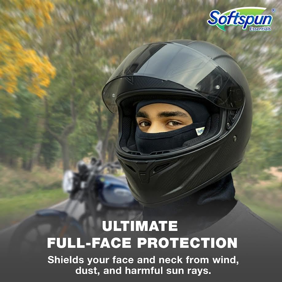 Image of SOFTSPUN Essentials Balaclava Face Mask for Men & Women - Full Face Cover for Bike Riding, Helmet Liner, Breathable Stretch Fabric, Dust & UV Protection, All-Season Head Cover (Black)