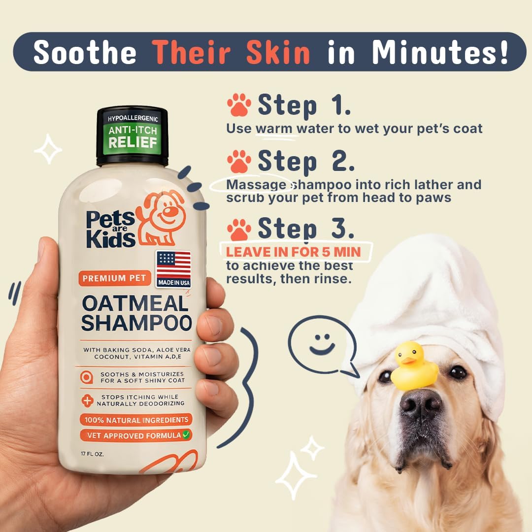 Pets Are Kids Too Oatmeal Dog Shampoo Baking Soda Hypoallergenic Anti Itch Moisturizing Soothing Deodorizing Pet Care Safe Puppy Shampoo Sensitive Skin Cat Shampoo - Coconut Based Cleanser 17 fl oz