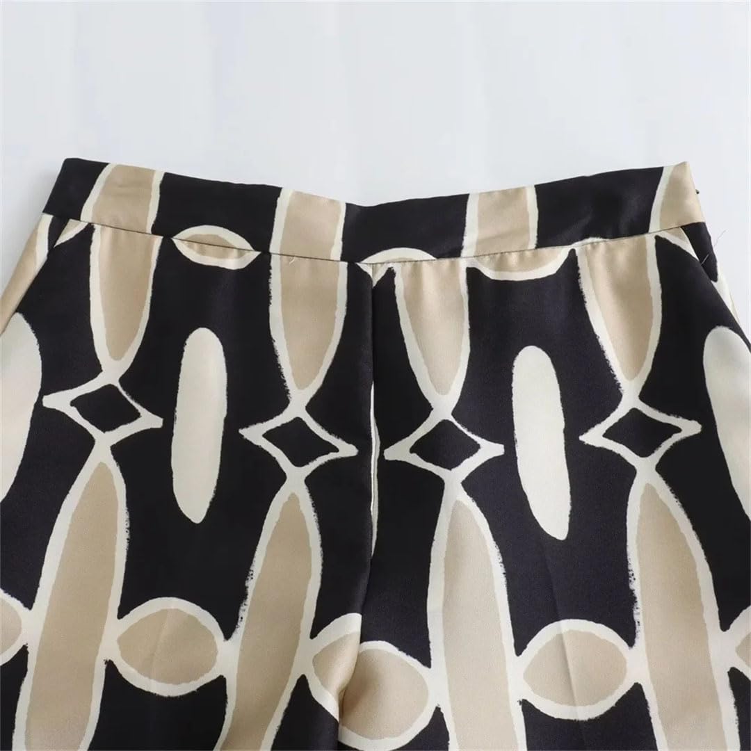 Primavera Donna Polo Collo Raso Texture Motivo Geometrico Stampato Camicia A Vita Alta Pantaloni Set