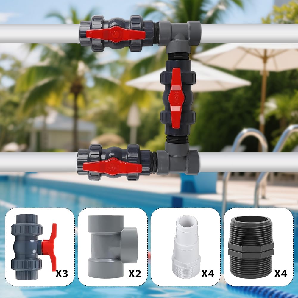 Bypass Pool Set für Wärmepumpe Ø 50 mm, Inkl. 32mm/38mm Schläuche & 3 Kugelhähne, Pool Bypass Set für Poolheizung, Wärmepumpe Pool Anschluss-Set