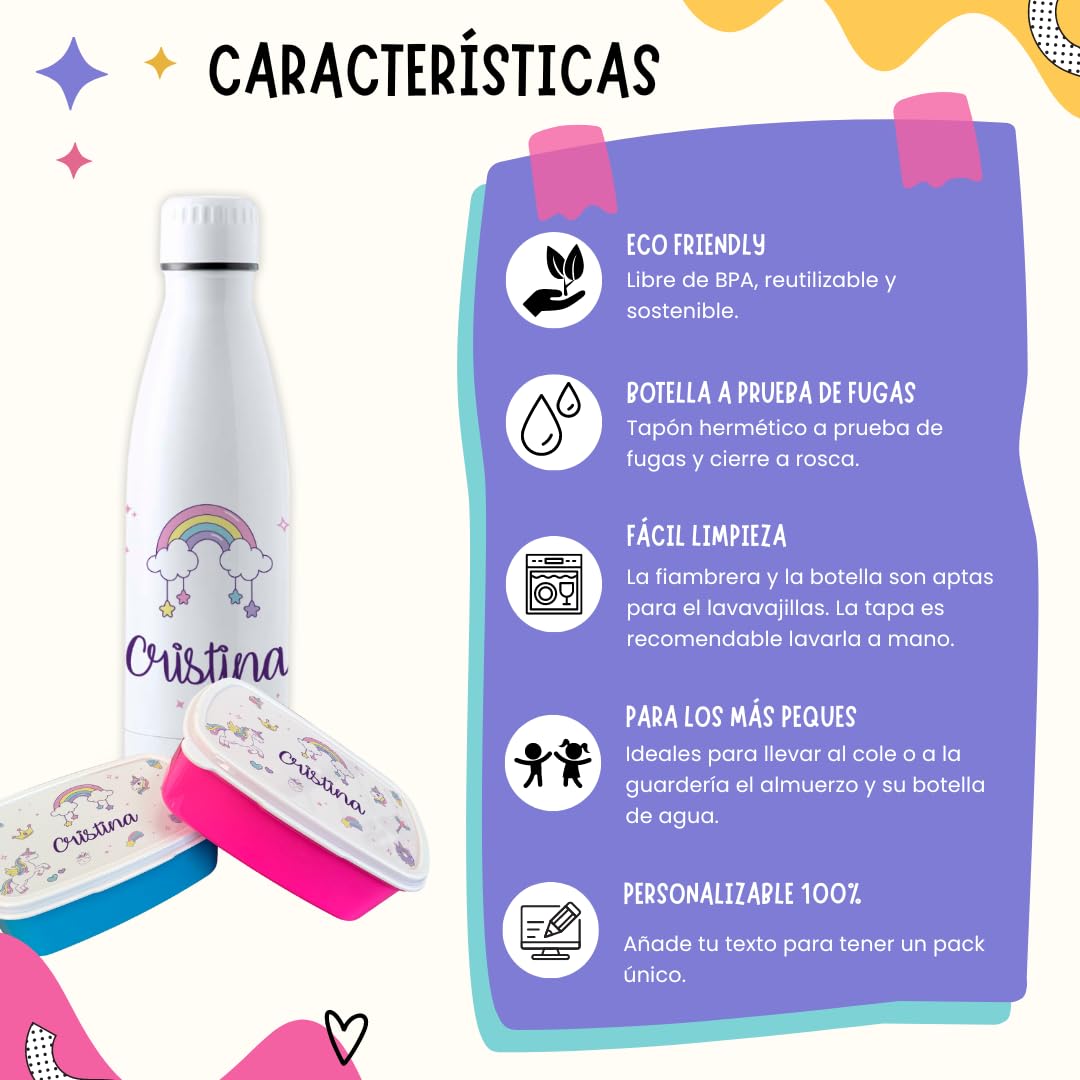 Pack vuelta al cole diseño unicornios botella personalizada + fiambrera personalizada con texto para el colegio o guardería. Libre BPA y reutilizable | Bebidas frías y calientes hasta 12h