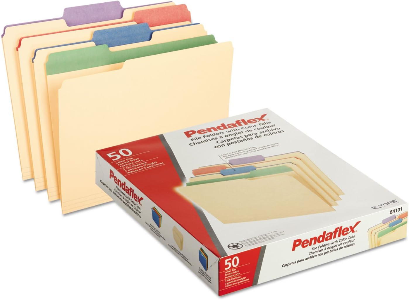 Pendaflex Color Tab File Folders, 1/3-Cut Tabs: Assorted, Letter Size, 0.75" Expansion, Manila, 50/Box